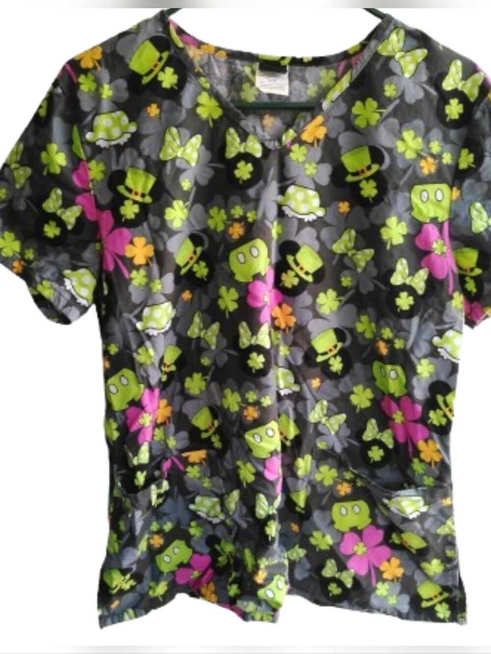 Disney Black Floral & Green Shamrock Print Scrub Top